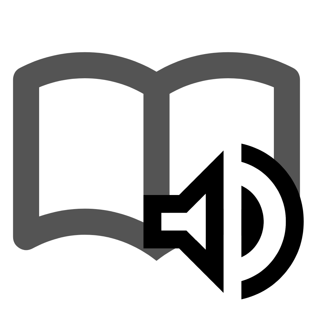 Open book icon in gray with a black speaker symbol, representing text-to-speech or read-aloud functionality. Like Immersive Reader by Micosoft